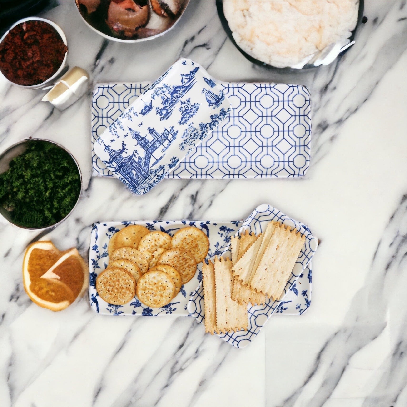 Chinoiserie Blue White Serving Tray Set 4pc Assorted Large and Small BandsCo Straps