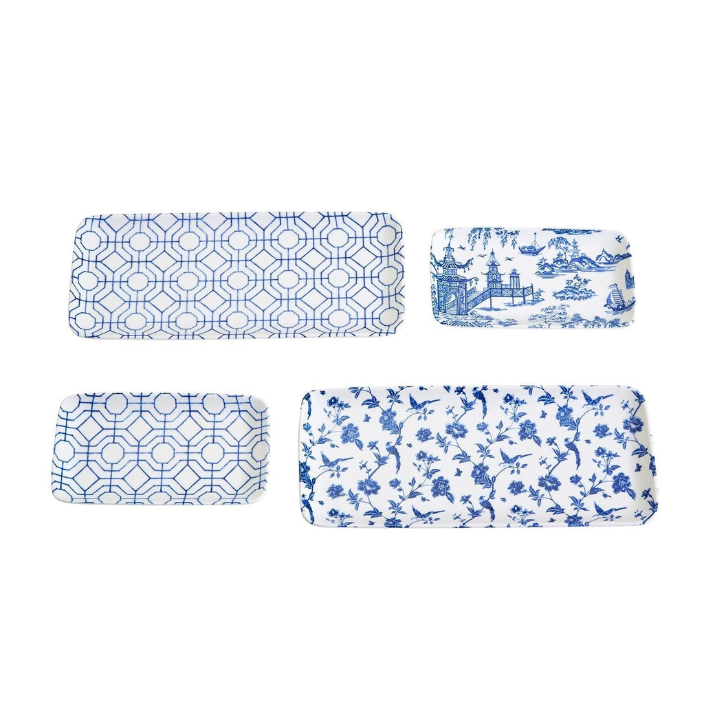 Chinoiserie Blue White Serving Tray Set 4pc Assorted Large and Small BandsCo Straps