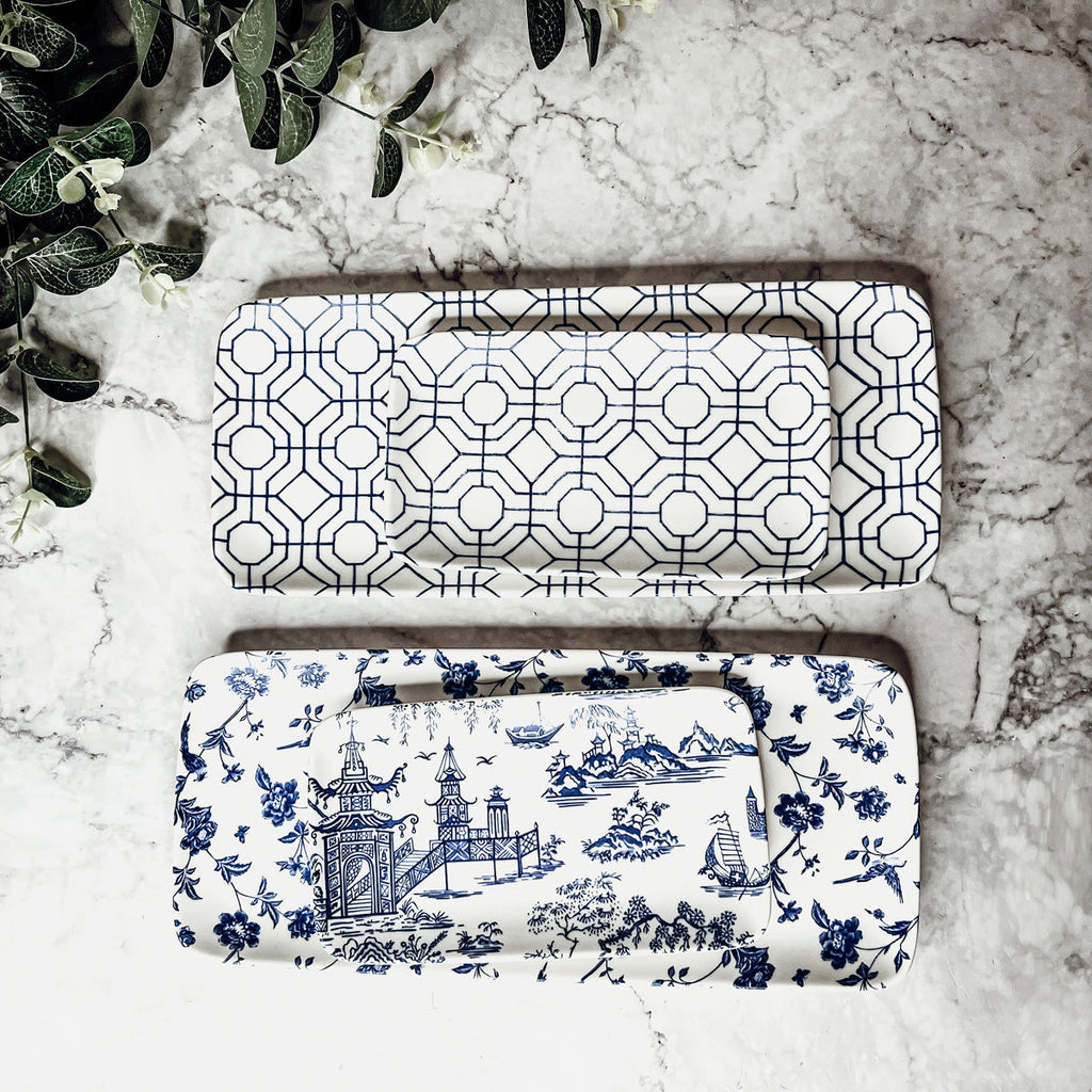 Chinoiserie Blue White Serving Tray Set 4pc Assorted Large and Small BandsCo Straps
