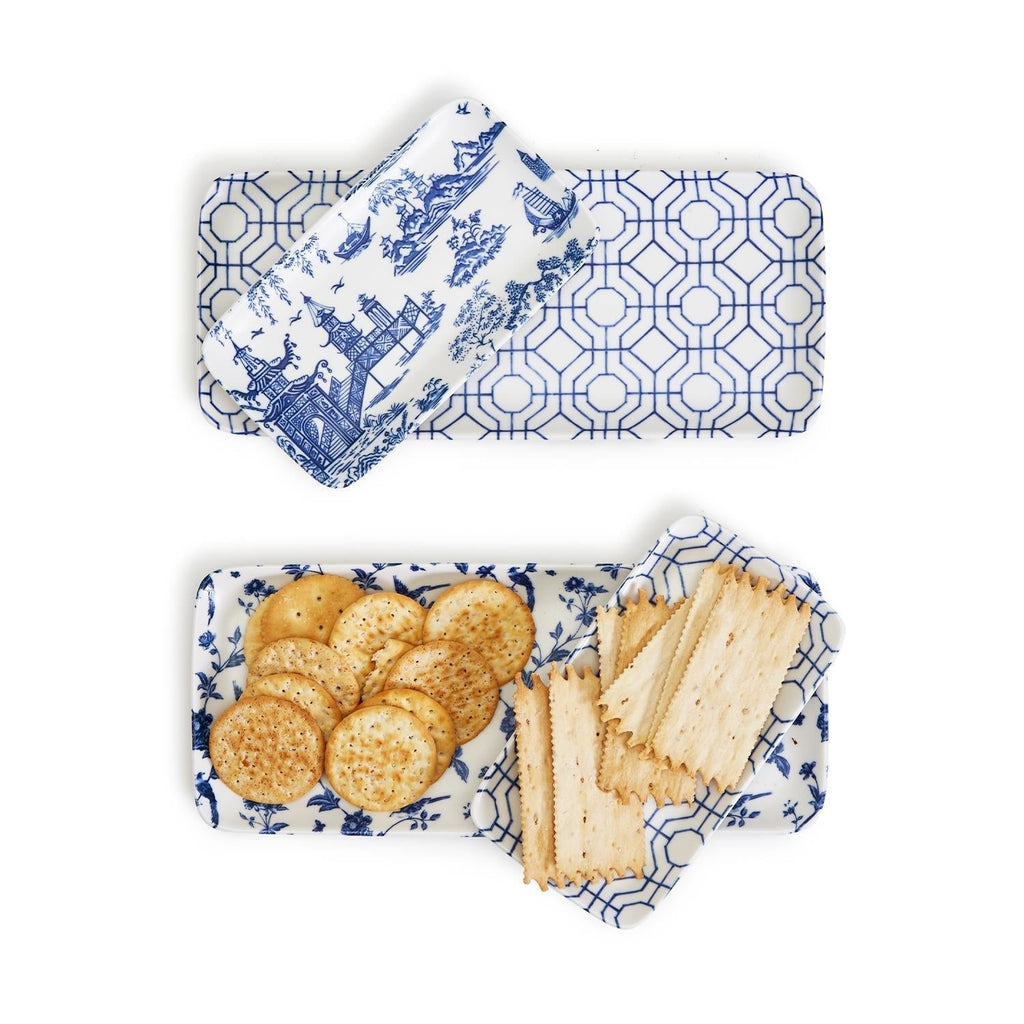 Chinoiserie Blue White Serving Tray Set 4pc Assorted Large and Small BandsCo Straps