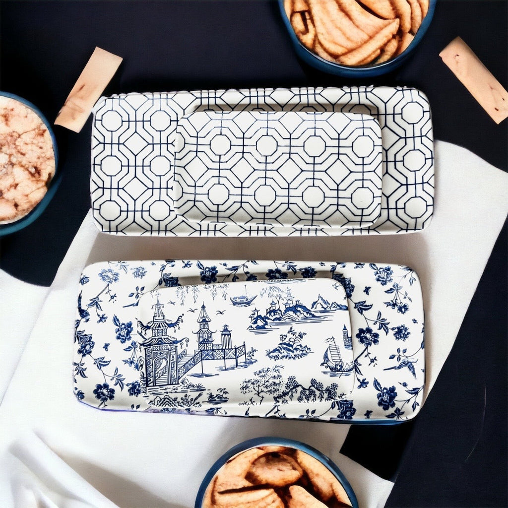 Chinoiserie Blue White Serving Tray Set 4pc Assorted Large and Small BandsCo Straps