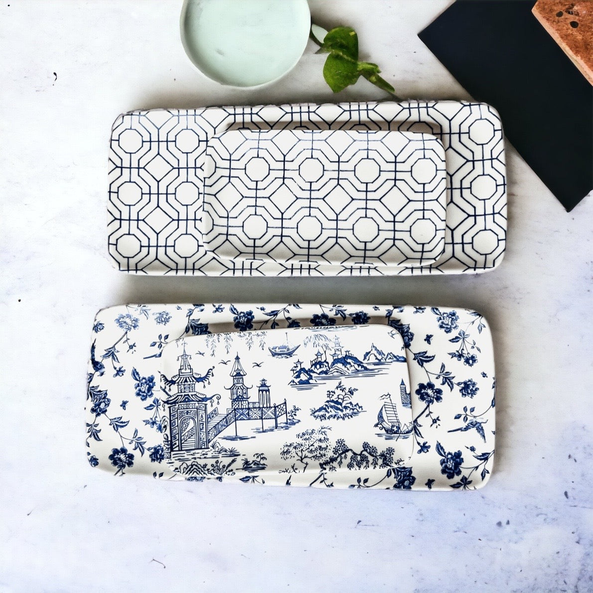 Chinoiserie Blue White Serving Tray Set 4pc Assorted Large and Small BandsCo Straps