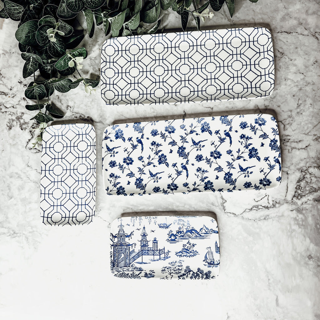 Chinoiserie Blue White Serving Tray Set 4pc Assorted Large and Small BandsCo Straps