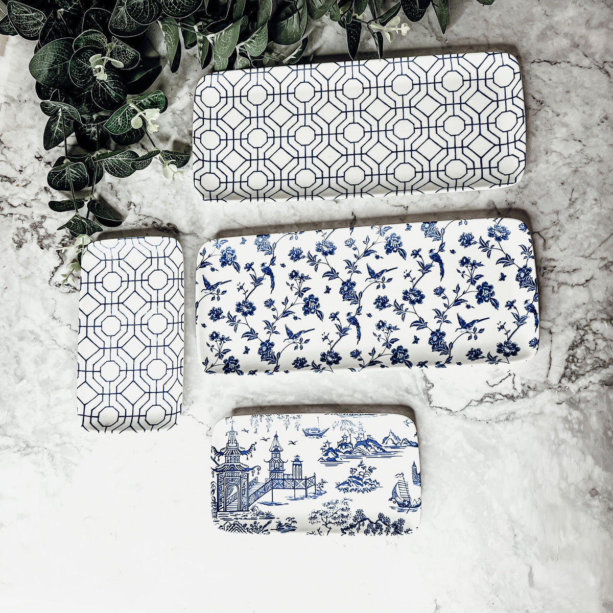 Chinoiserie Blue White Serving Tray Set 4pc Assorted Large and Small BandsCo Straps