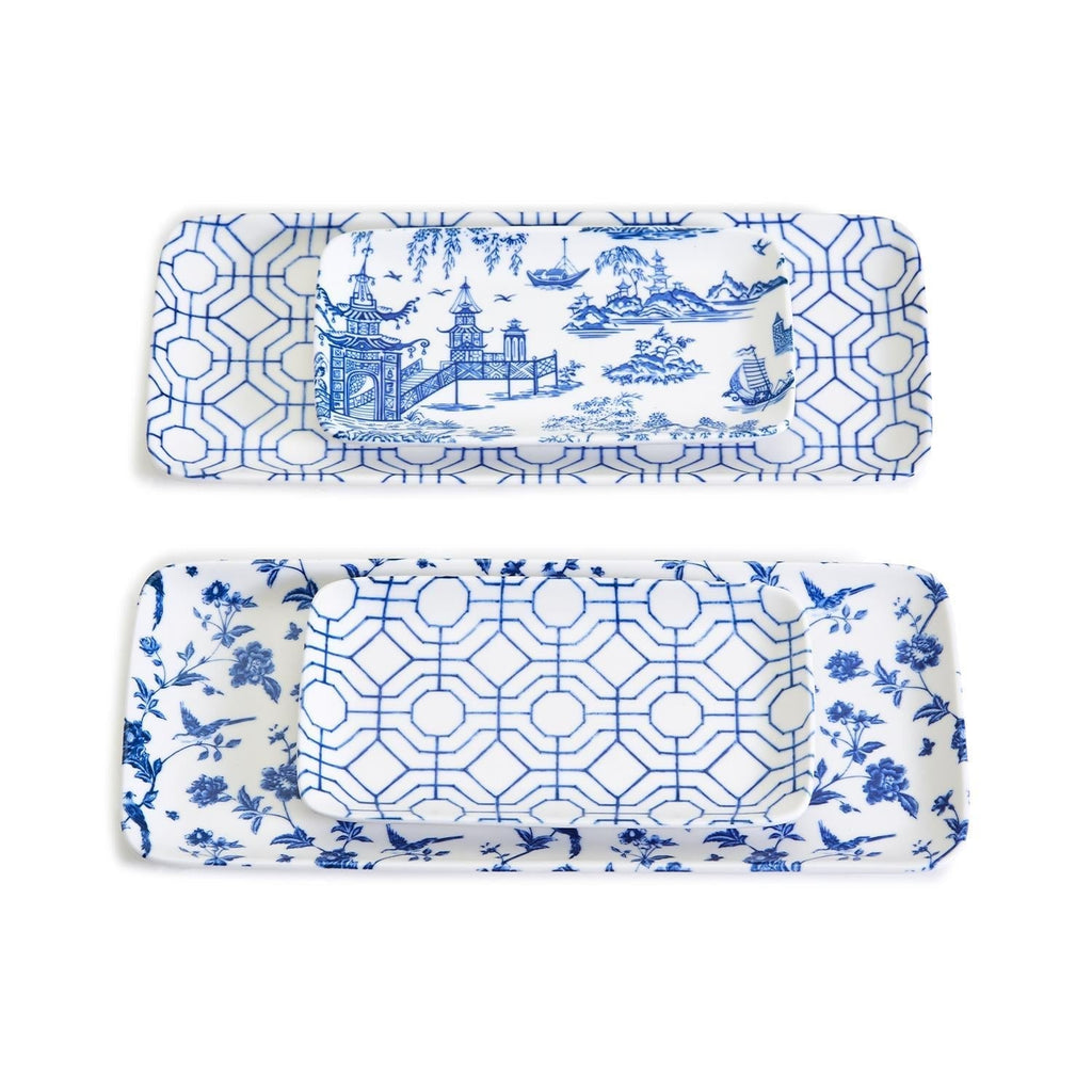 Chinoiserie Blue White Serving Tray Set 4pc Assorted Large and Small BandsCo Straps