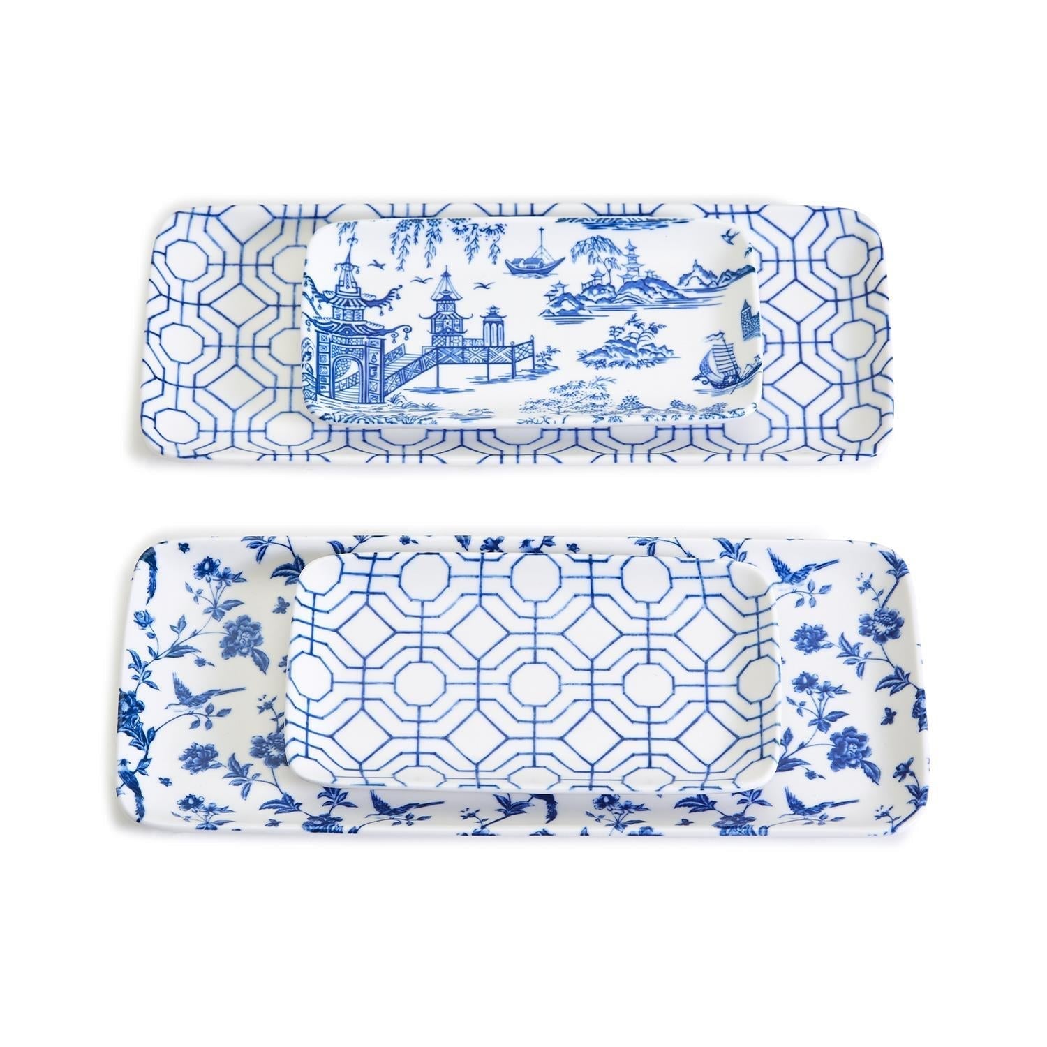 Chinoiserie Blue White Serving Tray Set 4pc Assorted Large and Small BandsCo Straps