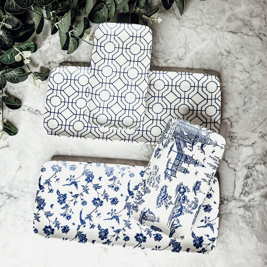 Chinoiserie Blue White Serving Tray Set 4pc Assorted Large and Small BandsCo Straps