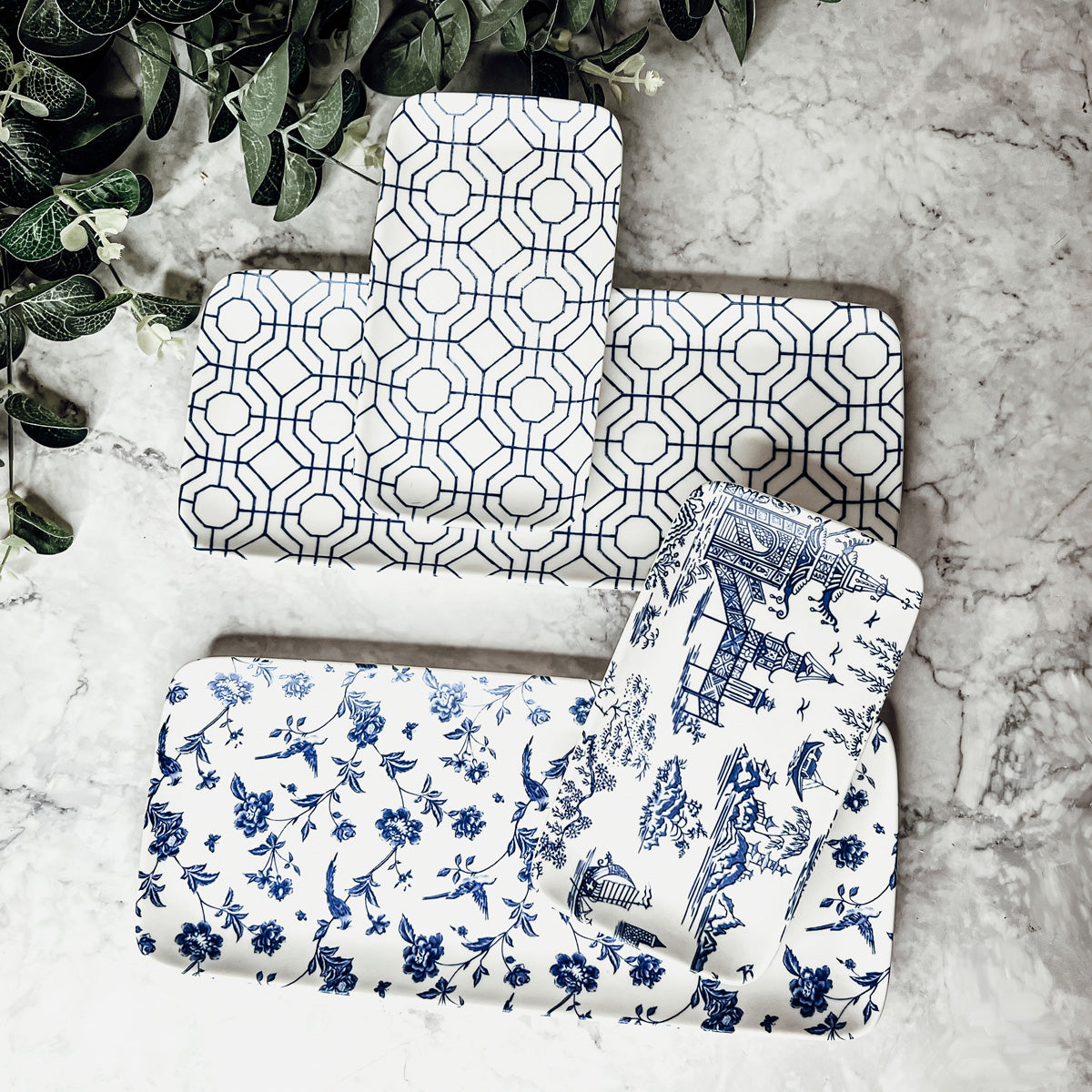 Chinoiserie Blue White Serving Tray Set 4pc Assorted Large and Small BandsCo Straps