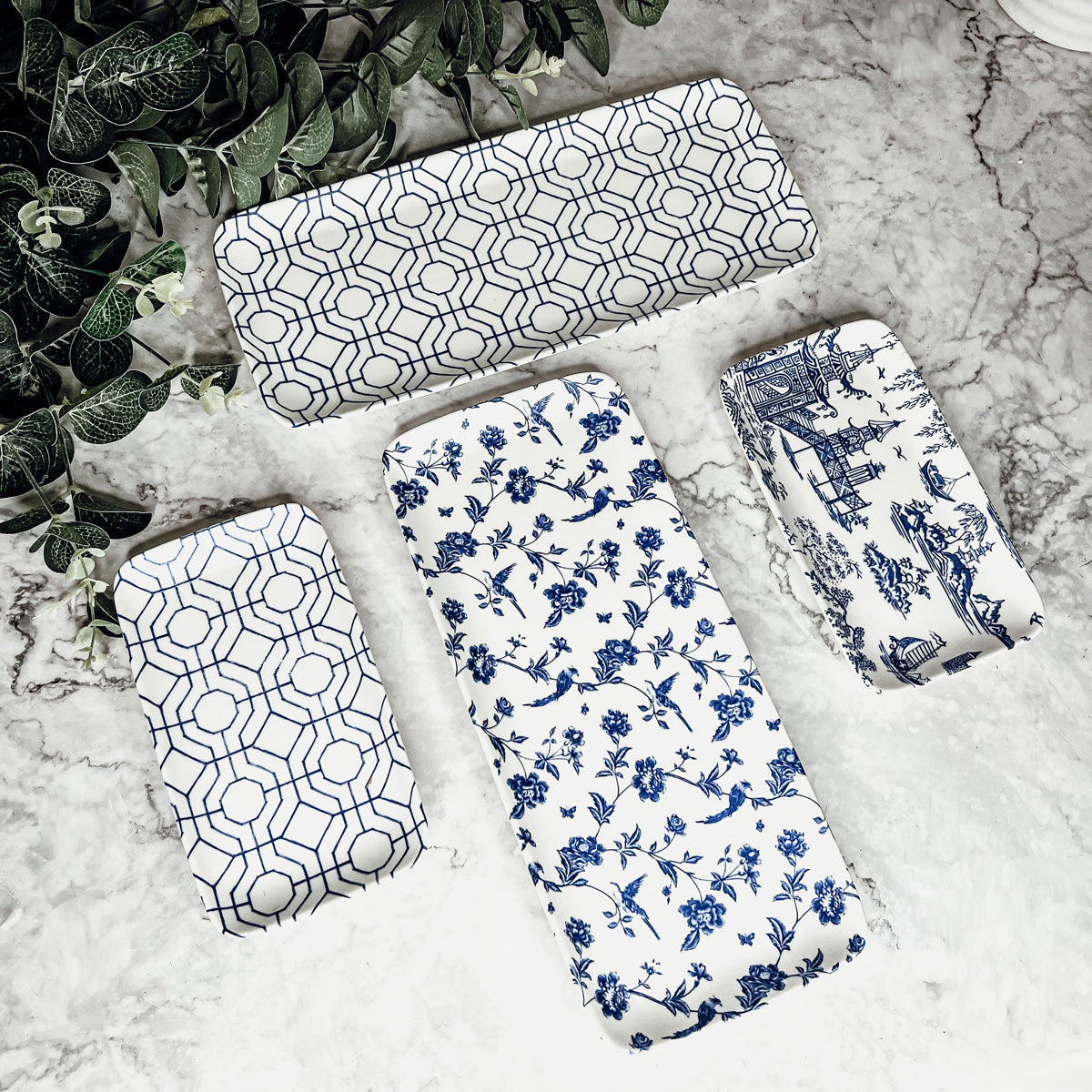 Chinoiserie Blue White Serving Tray Set 4pc Assorted Large and Small BandsCo Straps