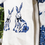 Chinoiserie Bunny Embroidered Cotton Dish Towels Oversized Tassel 17x29 BandsCo Straps