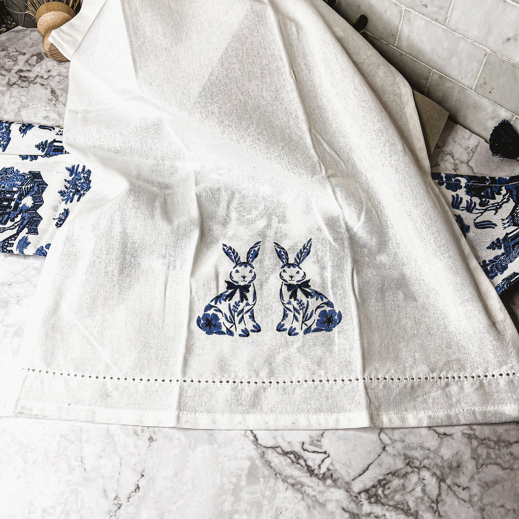 Chinoiserie Bunny Embroidered Cotton Dish Towels Oversized Tassel 17x29 BandsCo Straps