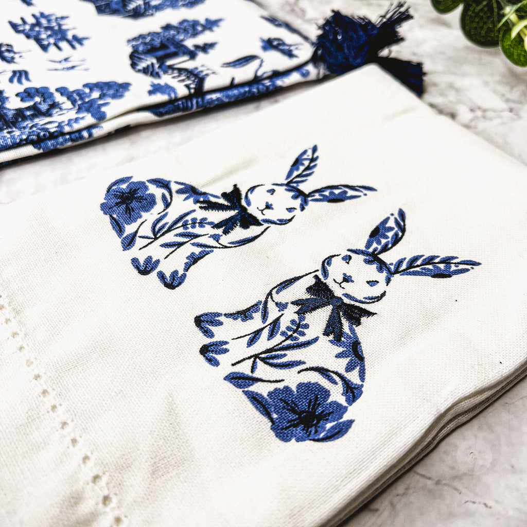 Chinoiserie Bunny Embroidered Cotton Dish Towels Oversized Tassel 17x29 BandsCo Straps