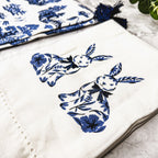Chinoiserie Bunny Embroidered Cotton Dish Towels Oversized Tassel 17x29 BandsCo Straps