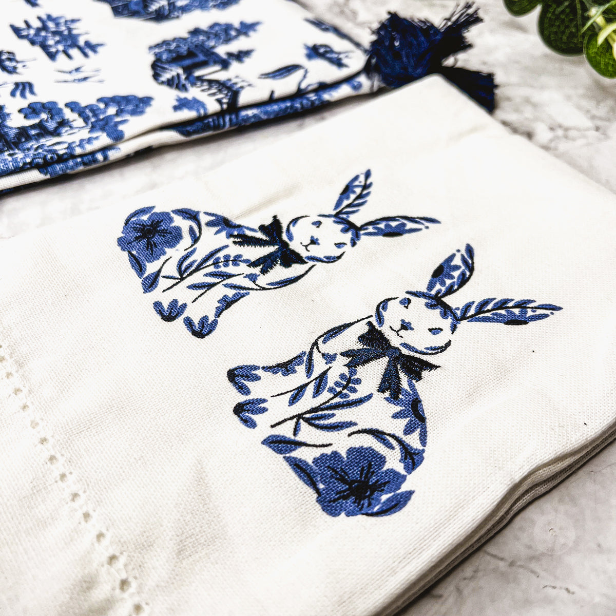 Chinoiserie Bunny Embroidered Cotton Dish Towels Oversized Tassel 17x29 BandsCo Straps