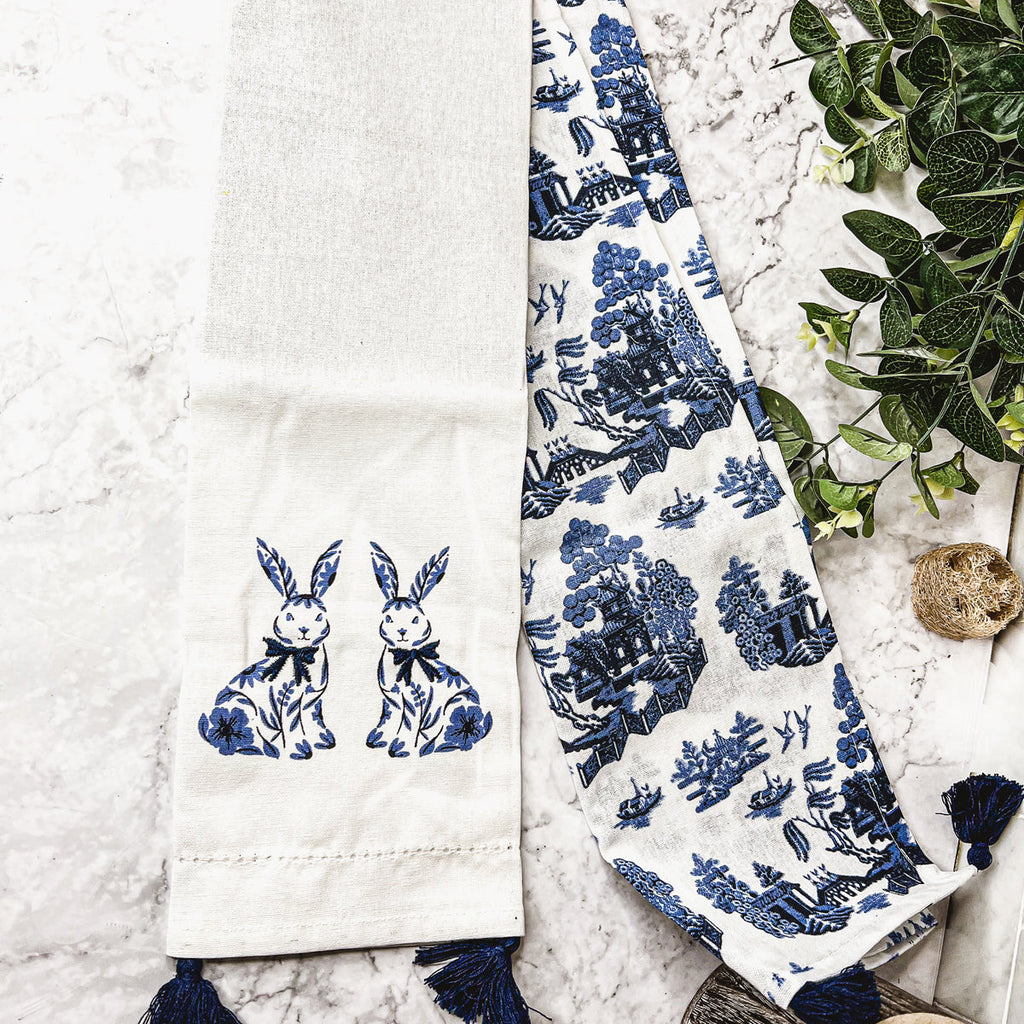 Chinoiserie Bunny Embroidered Cotton Dish Towels Oversized Tassel 17x29 BandsCo Straps