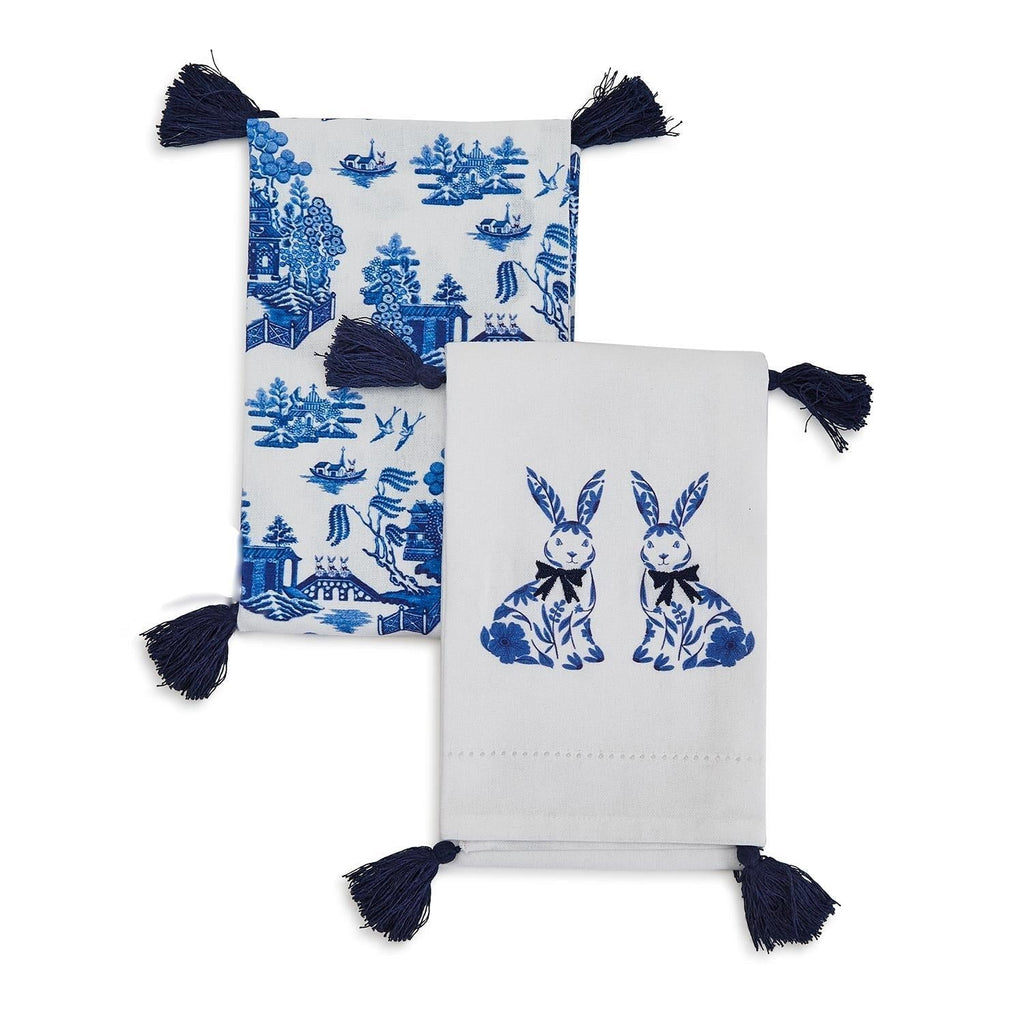 Chinoiserie Bunny Embroidered Cotton Dish Towels Oversized Tassel 17x29 BandsCo Straps