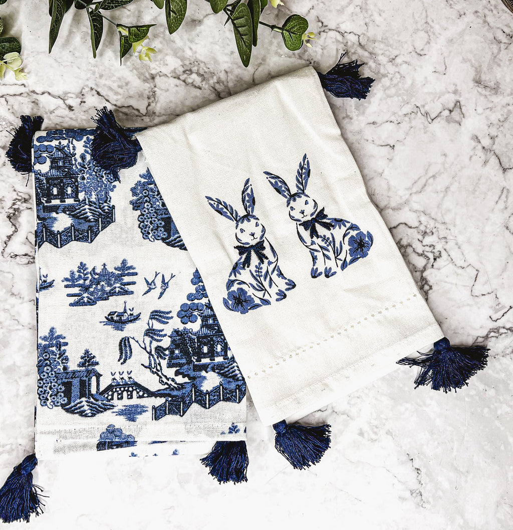 Chinoiserie Bunny Embroidered Cotton Dish Towels Oversized Tassel 17x29 BandsCo Straps