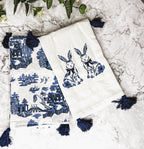 Chinoiserie Bunny Embroidered Cotton Dish Towels Oversized Tassel 17x29 BandsCo Straps