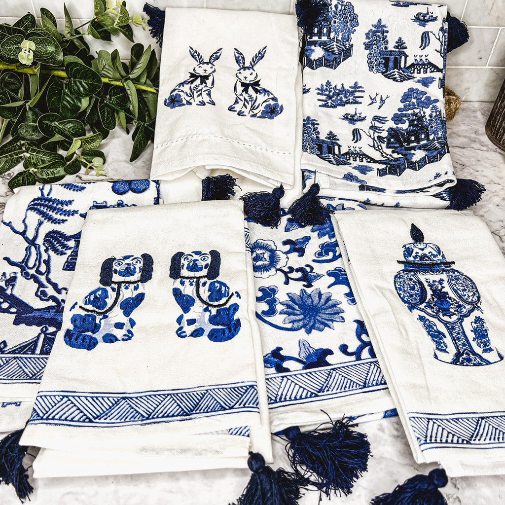 Chinoiserie Bunny Embroidered Cotton Dish Towels Oversized Tassel 17x29 BandsCo Straps