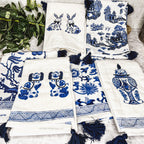 Chinoiserie Bunny Embroidered Cotton Dish Towels Oversized Tassel 17x29 BandsCo Straps