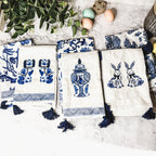 Chinoiserie Bunny Embroidered Cotton Dish Towels Oversized Tassel 17x29 BandsCo Straps