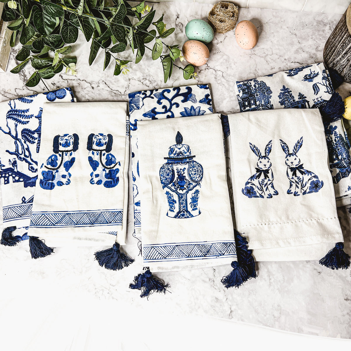 Chinoiserie Bunny Embroidered Cotton Dish Towels Oversized Tassel 17x29 BandsCo Straps