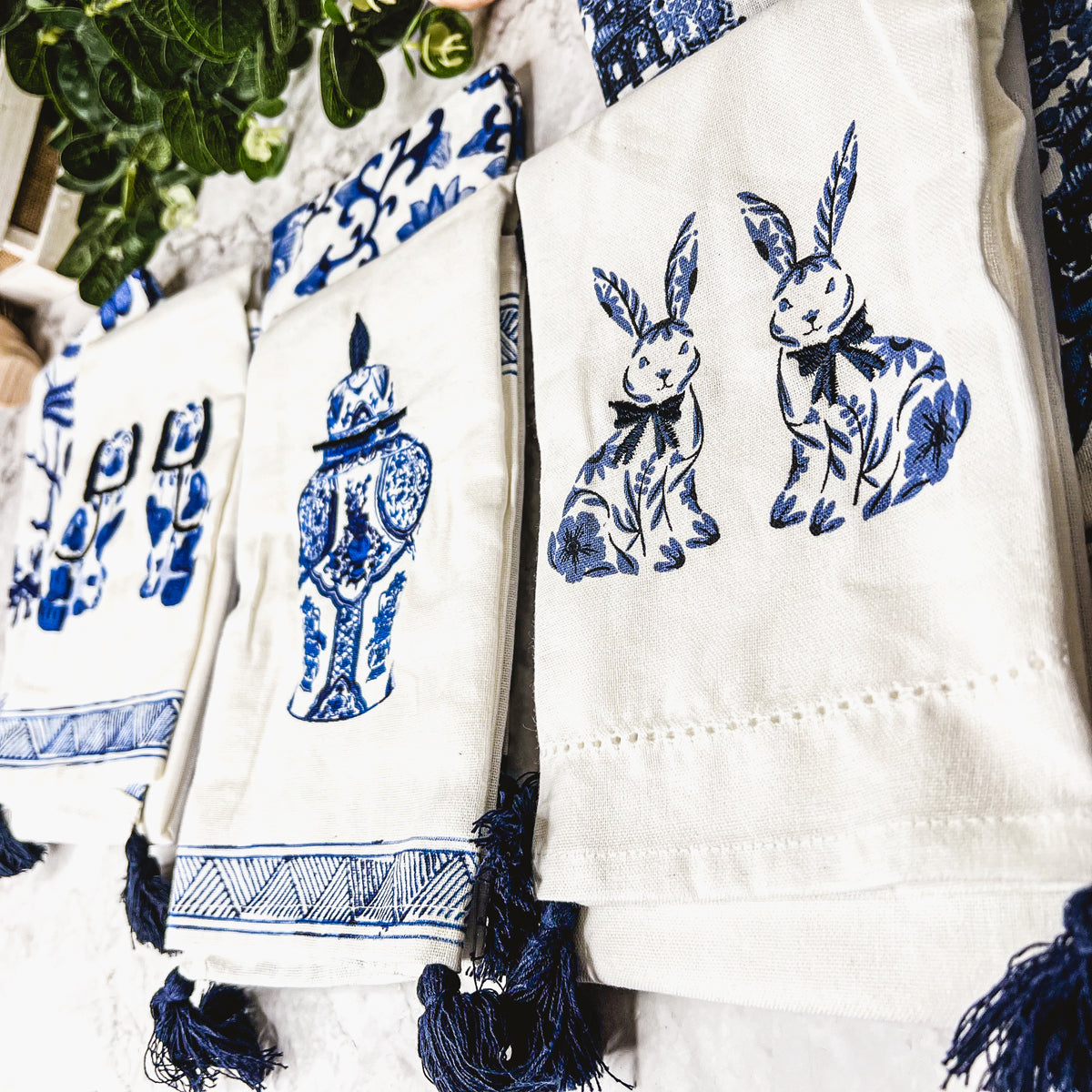 Chinoiserie Bunny Embroidered Cotton Dish Towels Oversized Tassel 17x29 BandsCo Straps
