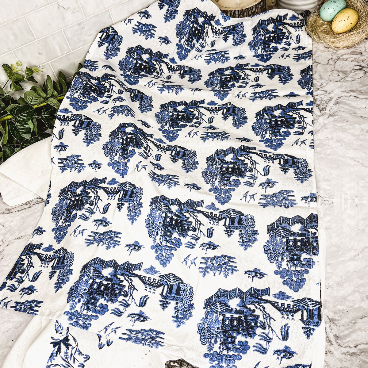 Chinoiserie Bunny Embroidered Cotton Dish Towels Oversized Tassel 17x29 BandsCo Straps