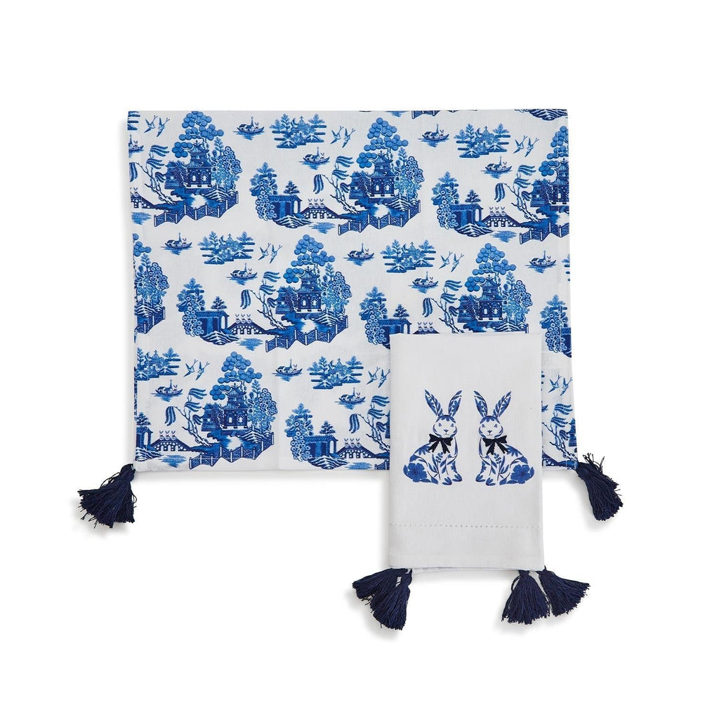 Chinoiserie Bunny Embroidered Cotton Dish Towels Oversized Tassel 17x29 BandsCo Straps