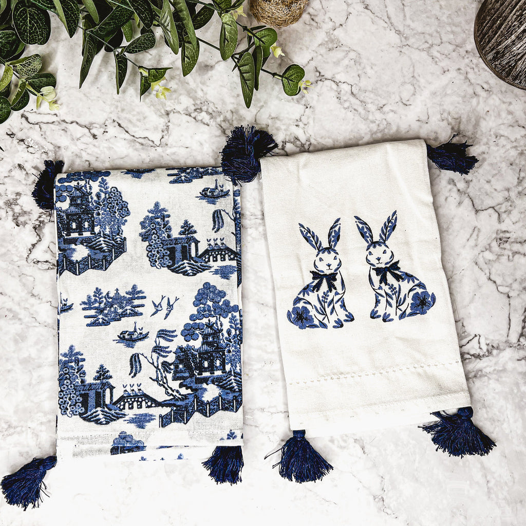 Chinoiserie Bunny Embroidered Cotton Dish Towels Oversized Tassel 17x29 BandsCo Straps