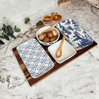 Chinoiserie Tapas Serving Set 7-Piece Porcelain Matte Blue White Acacia Tray