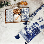 Chinoiserie Tapas Serving Set 7-Piece Porcelain Matte Blue White Acacia Tray