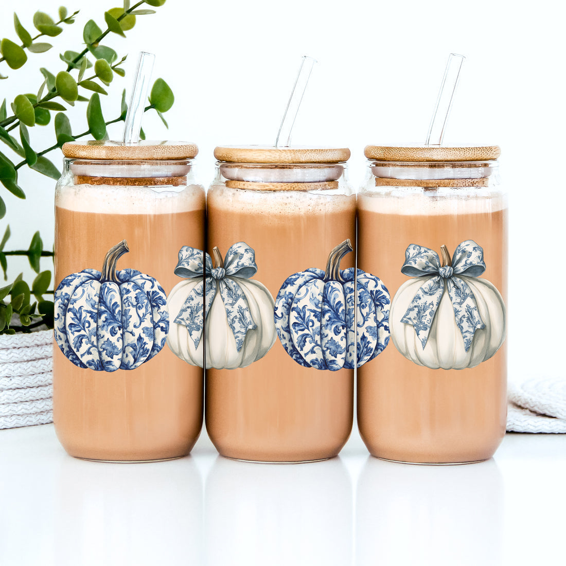 Chinoiserie Pumpkin 20oz Insulated Tumbler Ceramic Look Travel Mug Reusable BandsCo Straps