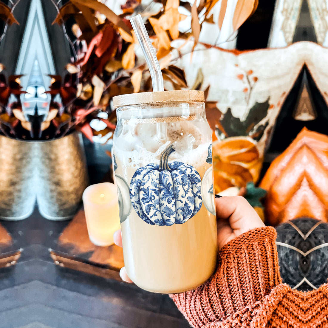Chinoiserie Pumpkin 20oz Insulated Tumbler Ceramic Look Travel Mug Reusable BandsCo Straps