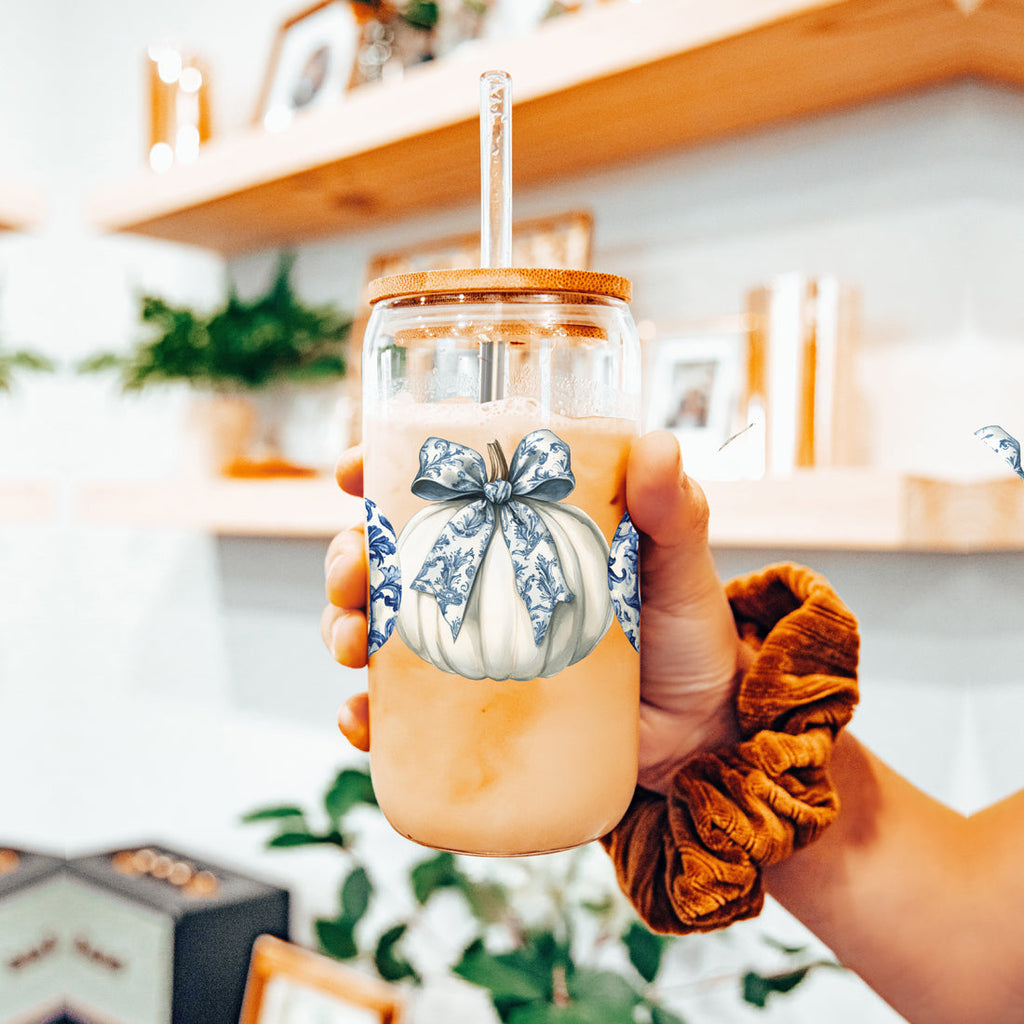Chinoiserie Pumpkin 20oz Insulated Tumbler Ceramic Look Travel Mug Reusable BandsCo Straps