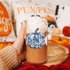 Chinoiserie Pumpkin 20oz Insulated Tumbler Ceramic Look Travel Mug Reusable BandsCo Straps