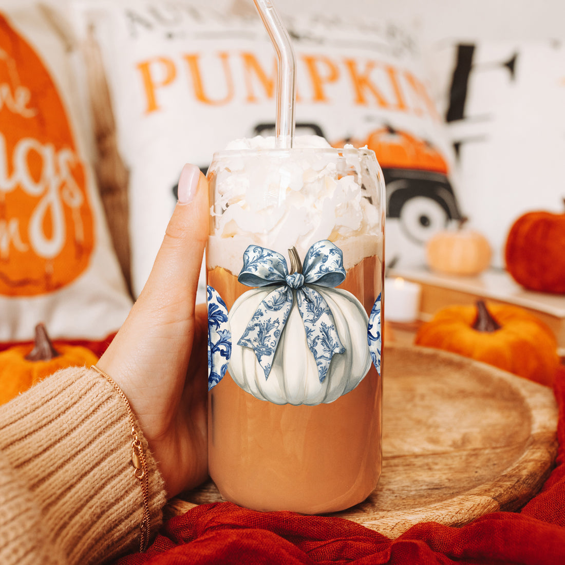 Chinoiserie Pumpkin 20oz Insulated Tumbler Ceramic Look Travel Mug Reusable BandsCo Straps