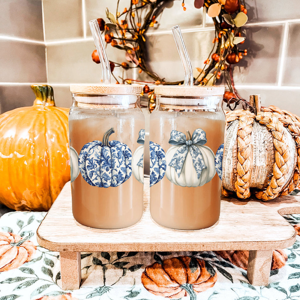 Chinoiserie Pumpkin 20oz Insulated Tumbler Ceramic Look Travel Mug Reusable BandsCo Straps