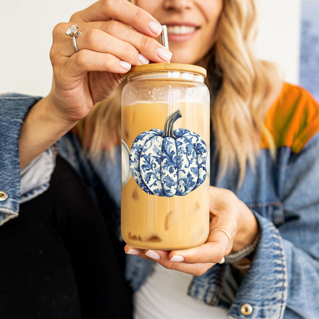 Chinoiserie Pumpkin 20oz Insulated Tumbler Ceramic Look Travel Mug Reusable BandsCo Straps