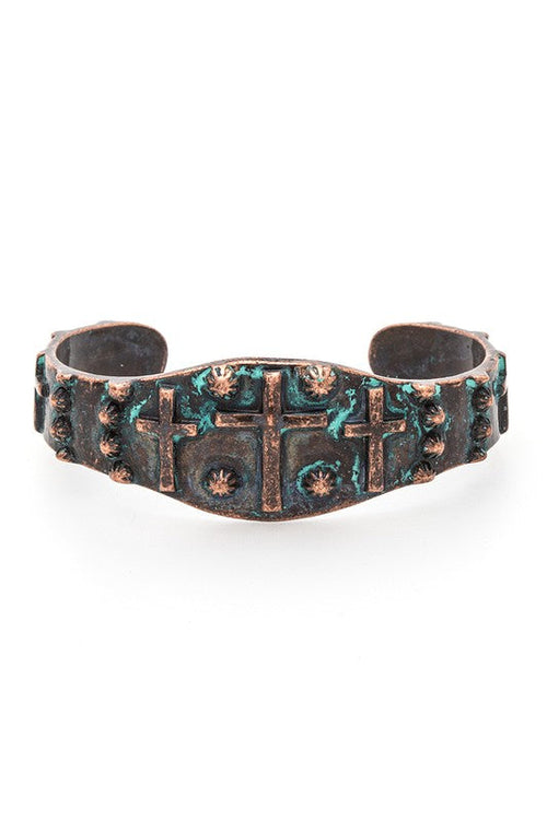 Christian Embossed Cross Cuff Bangle Adjustable Gold Tone