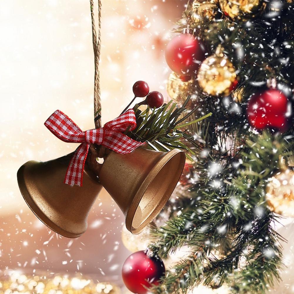 Christmas Bell Ornament Metal Dual Bell Christmas Bell Ornament Decoration with Berry Plaid Bow Christmas Tree Pendants For Making Wind Chimes Christmas Tree Hang Pendant Hang On Door wall porch Stevvex