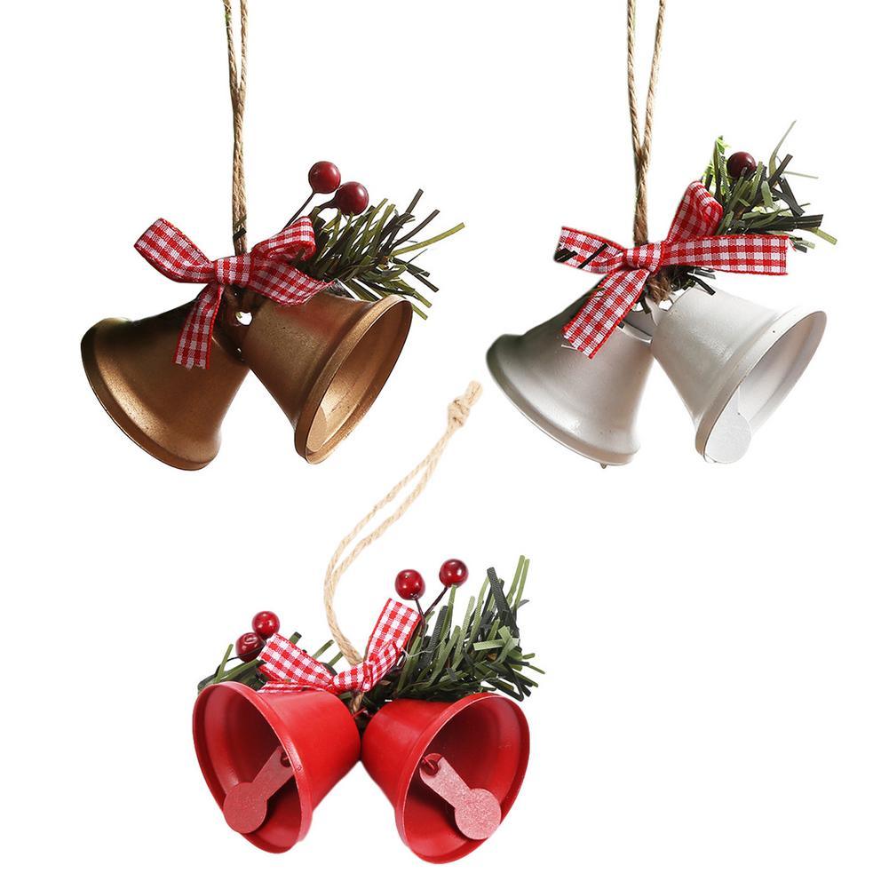 Christmas Bell Ornament Metal Dual Bell Christmas Bell Ornament Decoration with Berry Plaid Bow Christmas Tree Pendants For Making Wind Chimes Christmas Tree Hang Pendant Hang On Door wall porch Stevvex