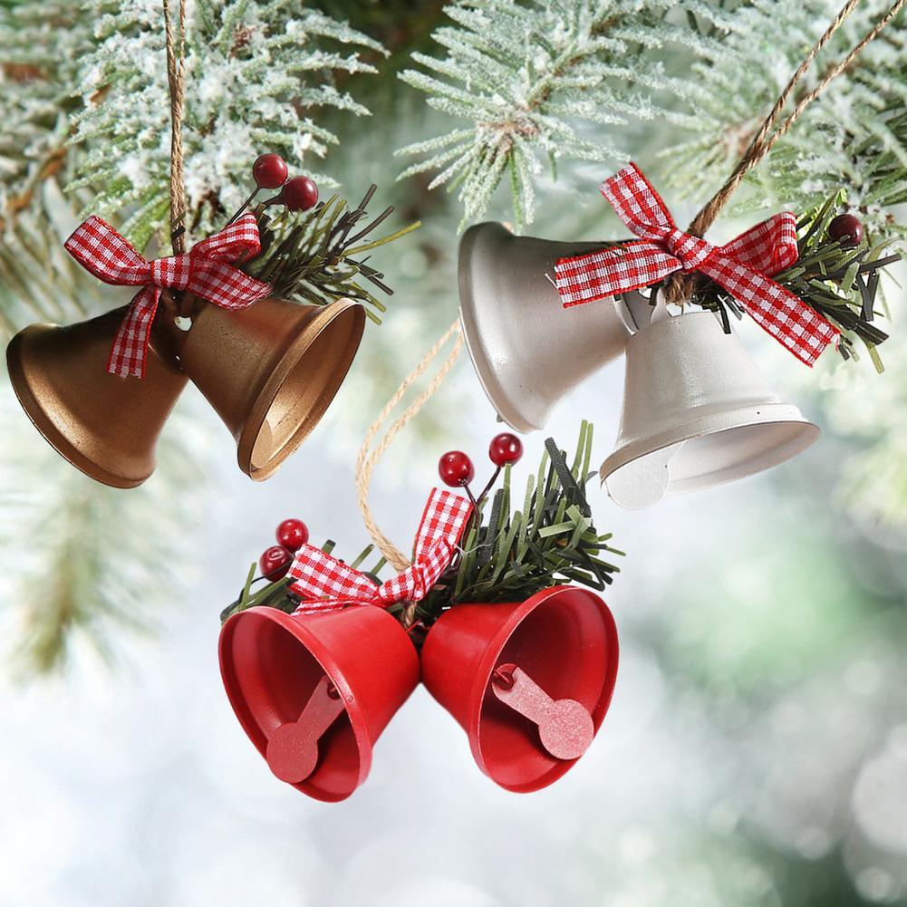 Christmas Bell Ornament Metal Dual Bell Christmas Bell Ornament Decoration with Berry Plaid Bow Christmas Tree Pendants For Making Wind Chimes Christmas Tree Hang Pendant Hang On Door wall porch Stevvex