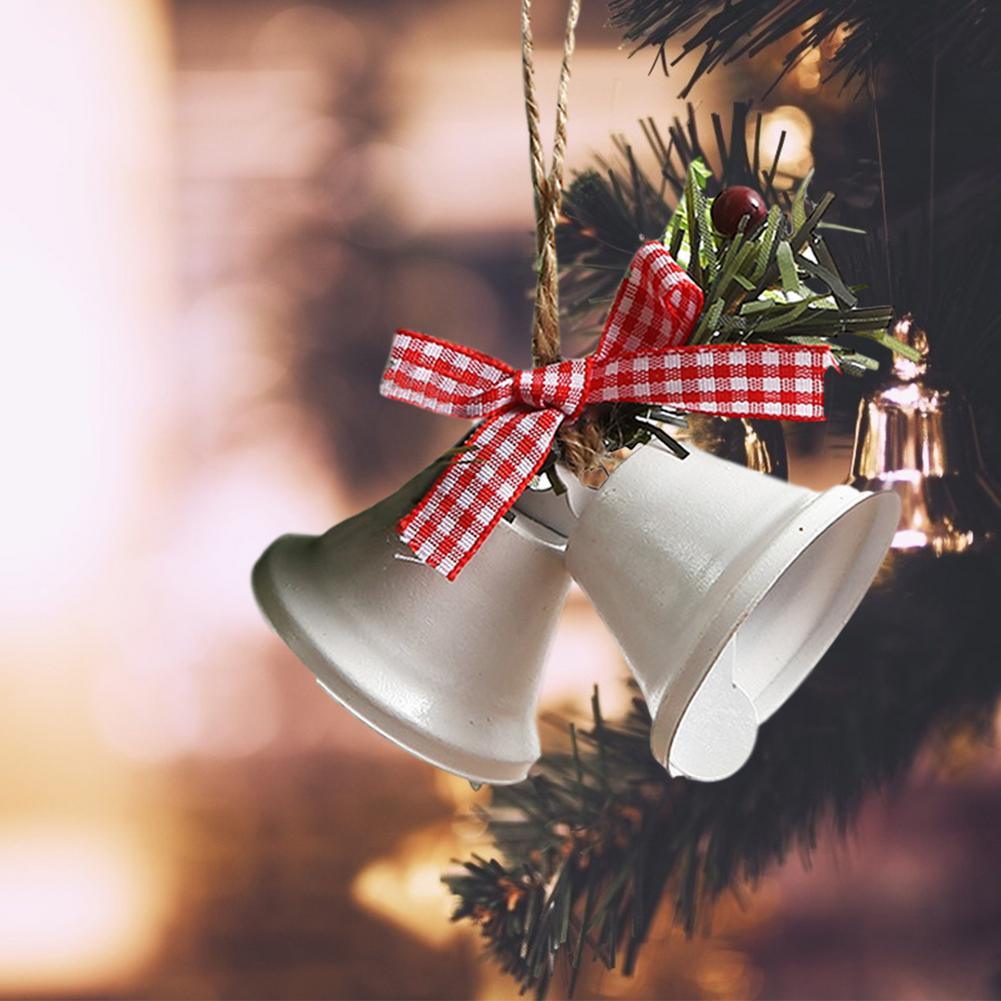 Christmas Bell Ornament Metal Dual Bell Christmas Bell Ornament Decoration with Berry Plaid Bow Christmas Tree Pendants For Making Wind Chimes Christmas Tree Hang Pendant Hang On Door wall porch Stevvex