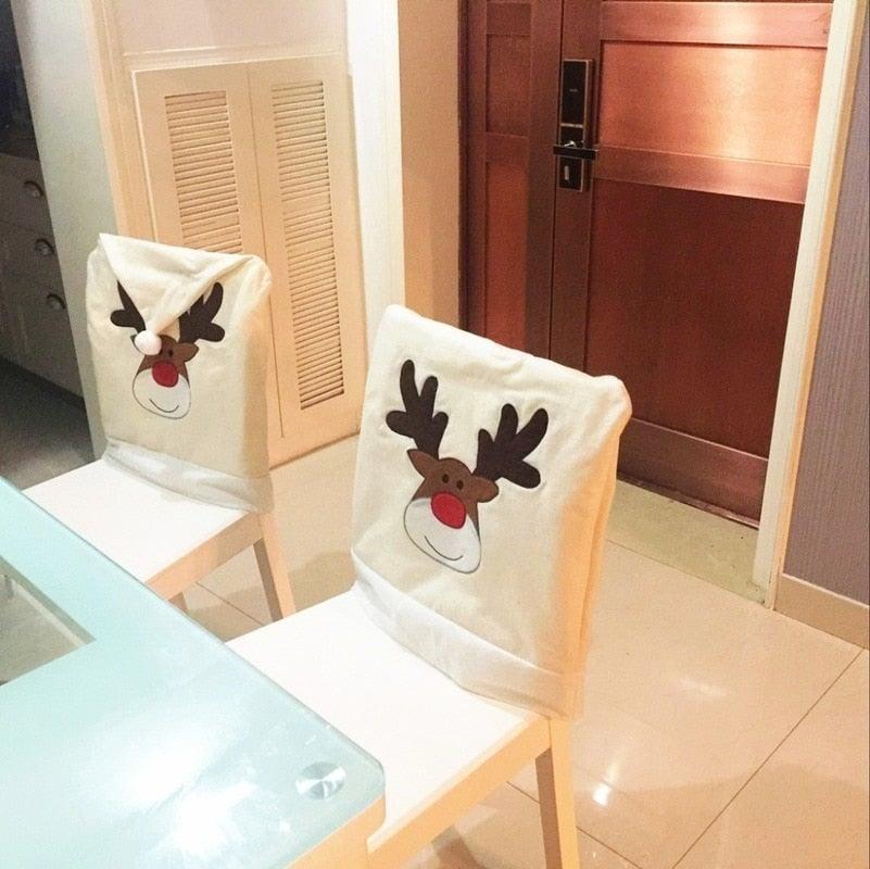 Christmas Hat Chair Cover Xmas Santa Claus Deer Elk Dining Chair Covers for Kitchen Placemat Dining Seat Christmas Home Decor r Back Cover Removable Washable Chair Protector Cover For Kitchen Dining Room Chairs and Living Room 50x60cm Stevvex