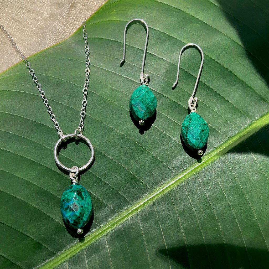 Chrysocolla Circle Necklace Sterling Silver Emerald Green Healing Gemstone BandsCo Straps