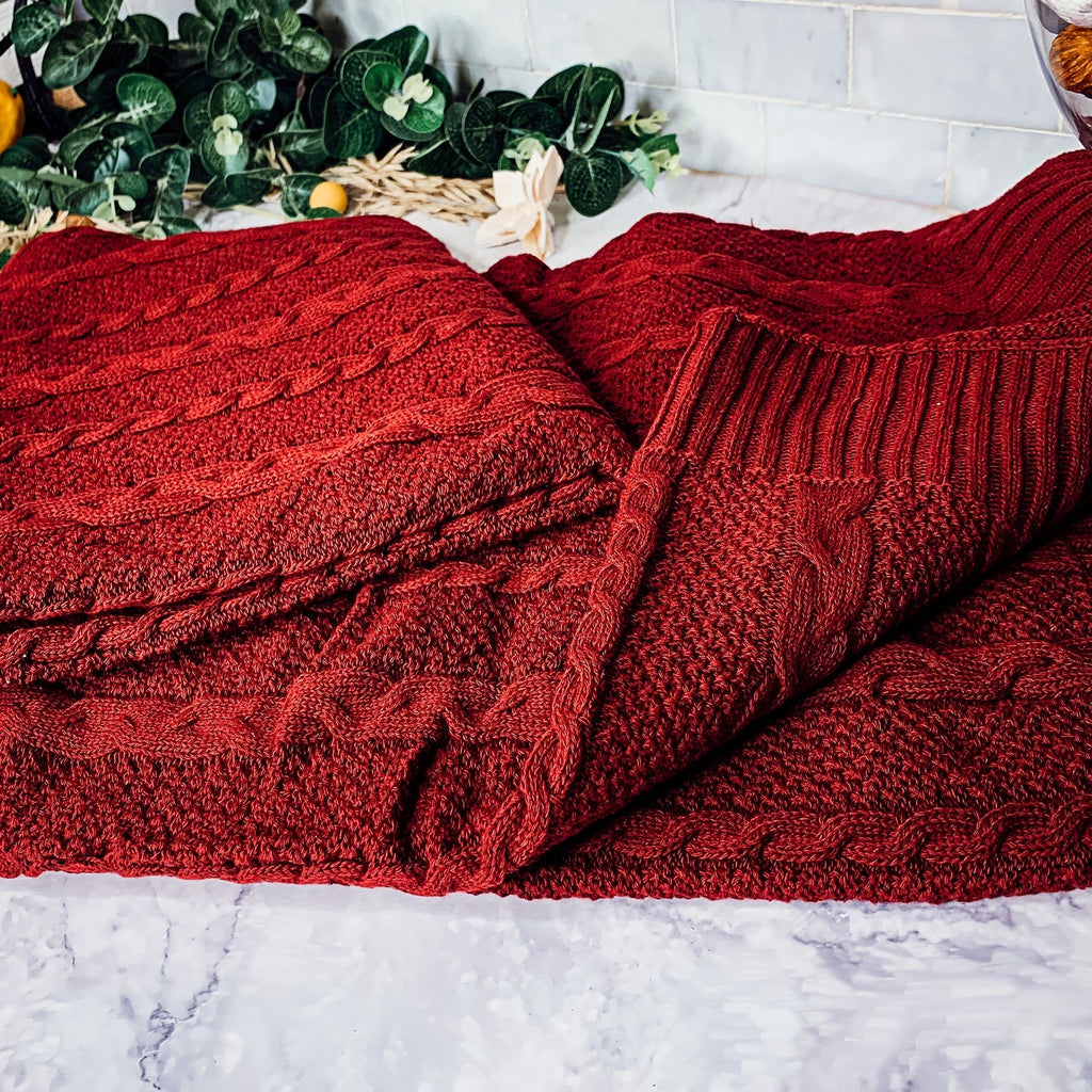 Claret Knit Sweater Throw Lightweight Cozy Blanket For Couch Bed BandsCo Straps