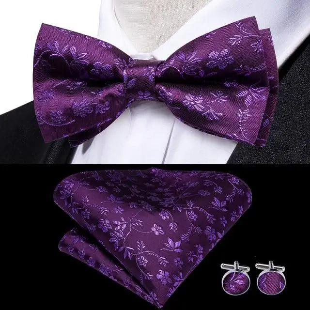 Classic Green Bow Ties Men Silk Butterfly Tie  With Pocket Square And Cufflinks Set For Men Elegant Design Wedding Party Bowties Solid Color Gentleman Bow Tie And Pocket Square Cufflink Set Stevvex