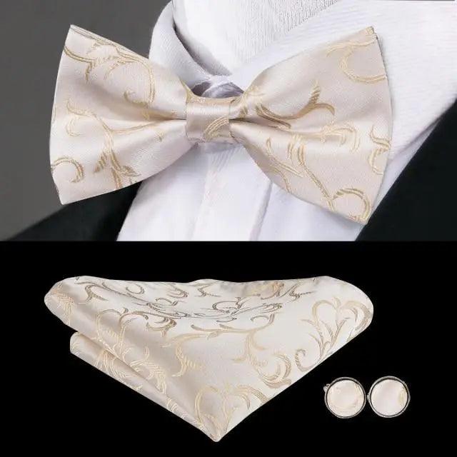 Classic Green Bow Ties Men Silk Butterfly Tie  With Pocket Square And Cufflinks Set For Men Elegant Design Wedding Party Bowties Solid Color Gentleman Bow Tie And Pocket Square Cufflink Set Stevvex