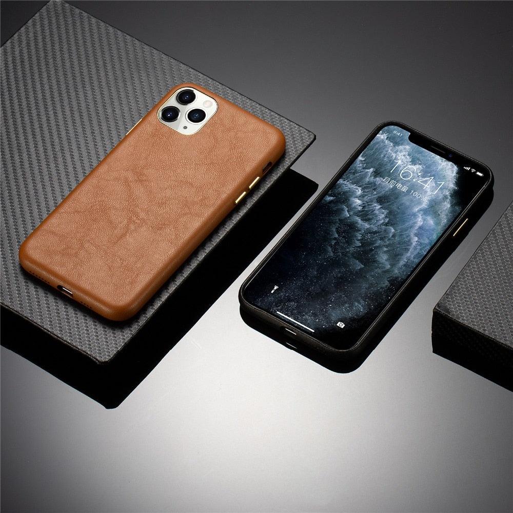 Classic Leather Case Compatible with iPhone Slim Leather Protective Case Midnight Green Luxury Genuine Leather Cover For iPhone 14 Pro 13 12 11 Pro Max X XS XR 7 8 Plus Case Vintage Leather Business Men Iphone Case Stevvex